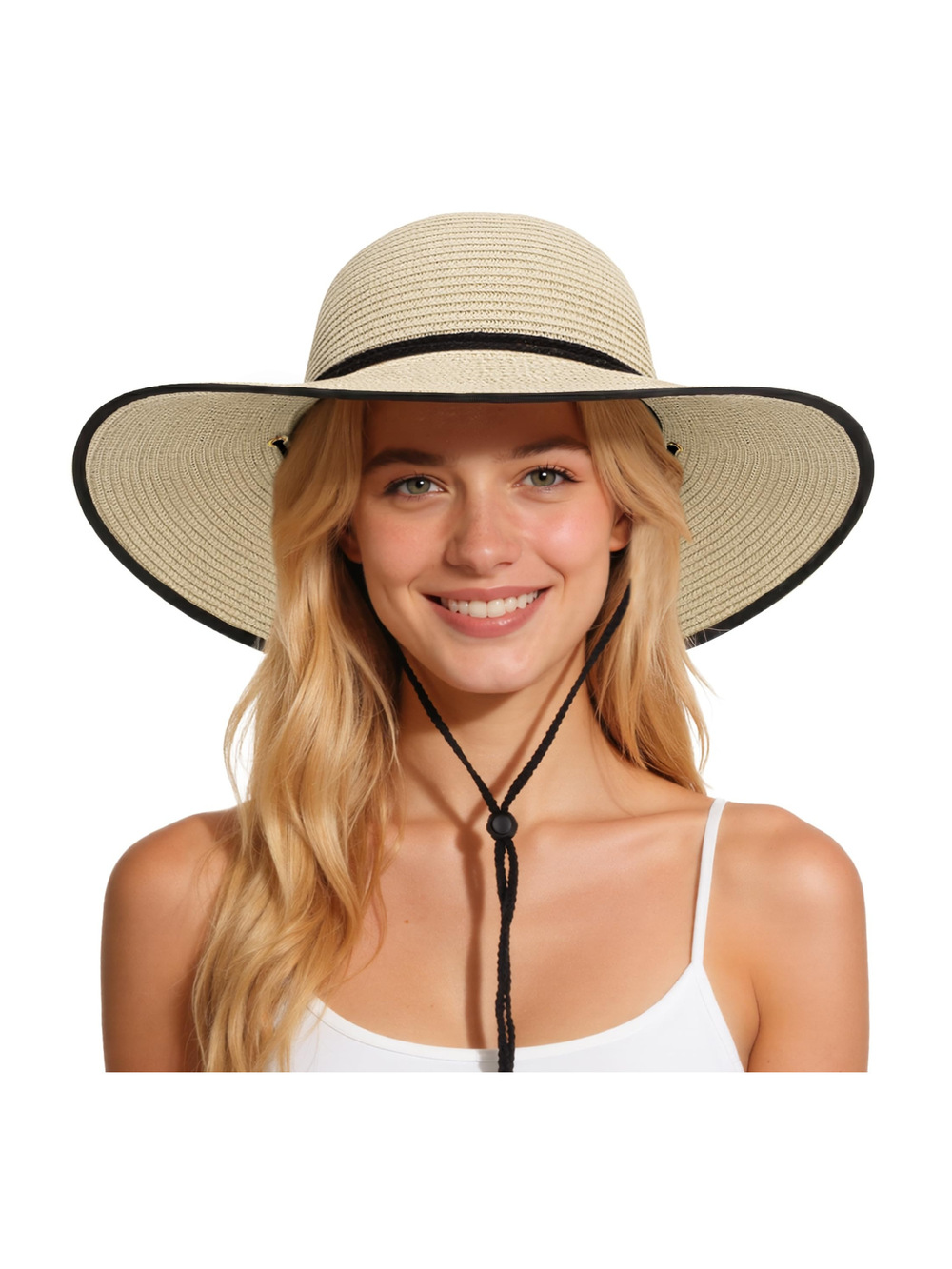 Sun Hats for Women, Summer Wide Brim Straw Beach Hat | Beige Black | Size XL